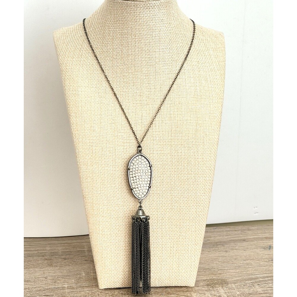 Veronese Gunmetal Tone Long Chain Tassel Pendant Necklace White Textured Inlay
